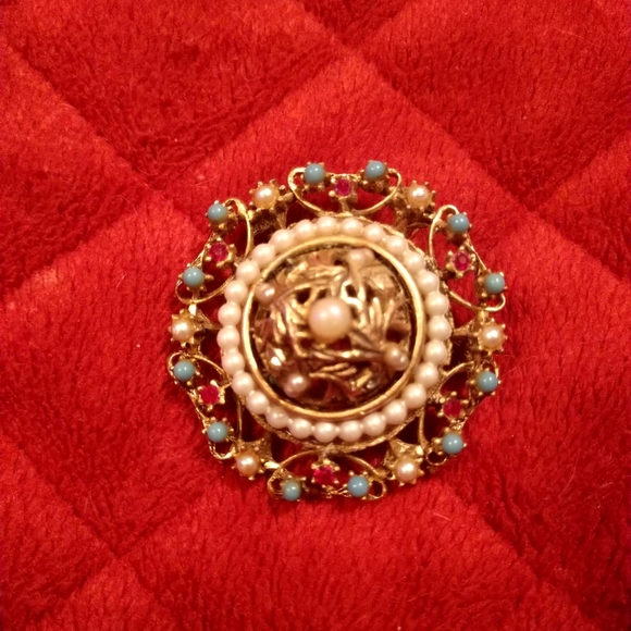 Vtg BSK Brooch Faux Pearl Turquoise Stones Round Shape Estate Find - Picture 1 of 13
